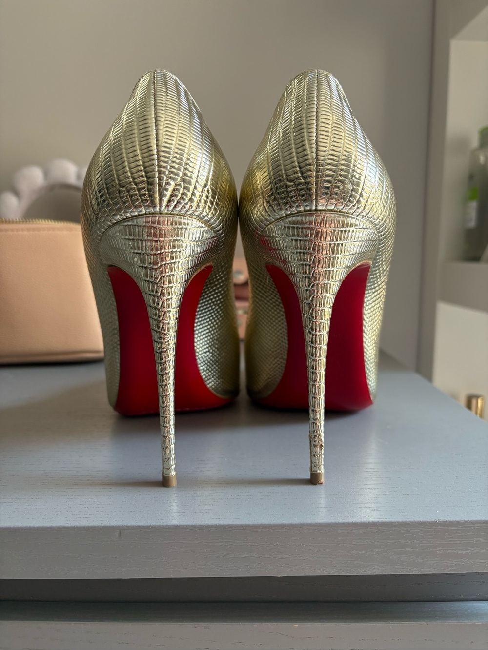 Christian Louboutin Gold Textured Stiletto Pumps with Red Soles